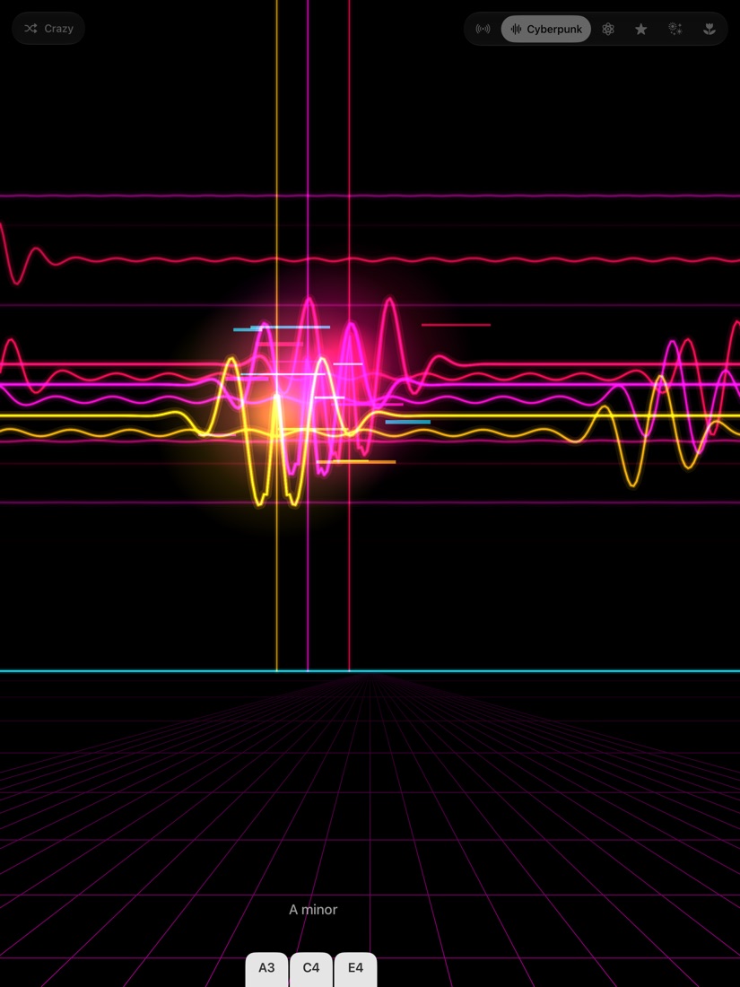 Neon wave lines over a glowing pink grid, with tabs naming the keys of an A minor chord