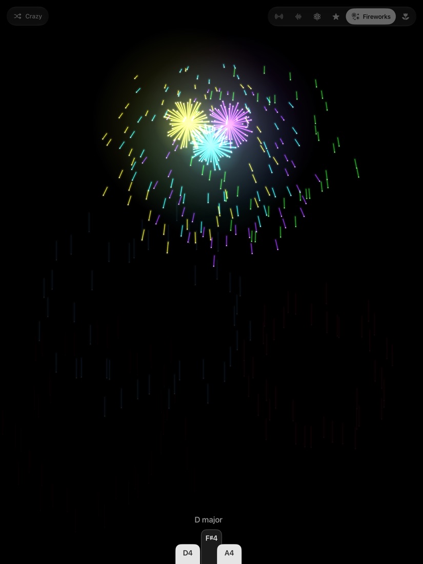 Fireworks bursting in a night sky, with tabs naming the keys of a D major chord