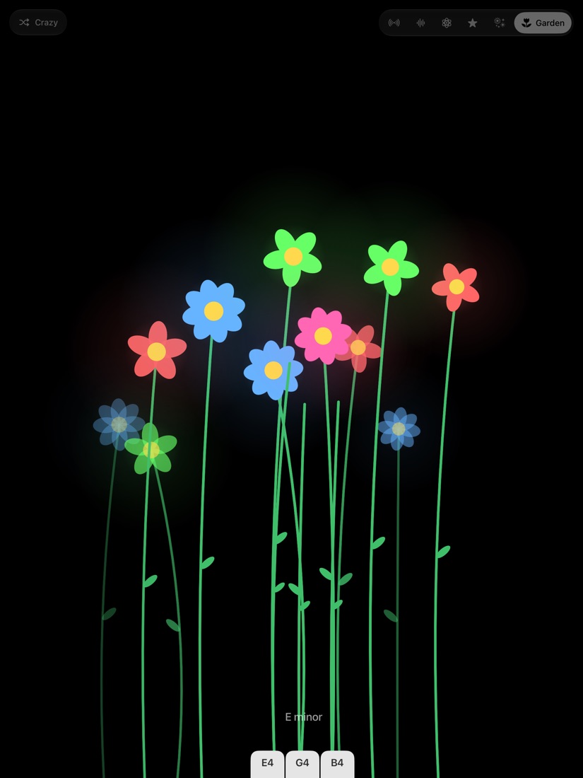 A row of glowing flowers on tall stems, with tabs naming the keys of an E minor chord