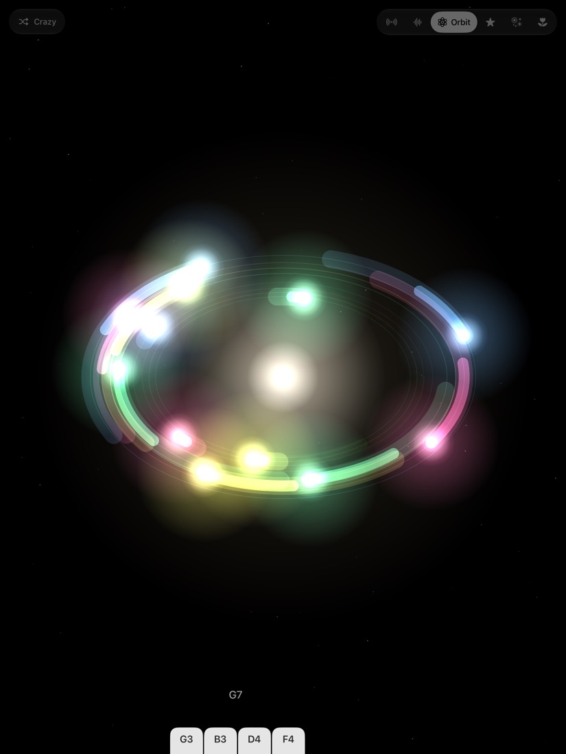 Glowing dots circling a bright centre, with tabs naming the keys of a G7 chord