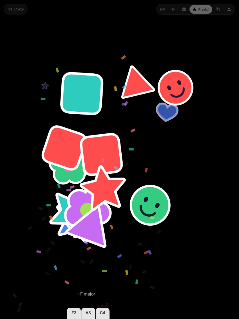 Bright stars, hearts and smiley stickers with confetti, with tabs naming the keys of an F major chord